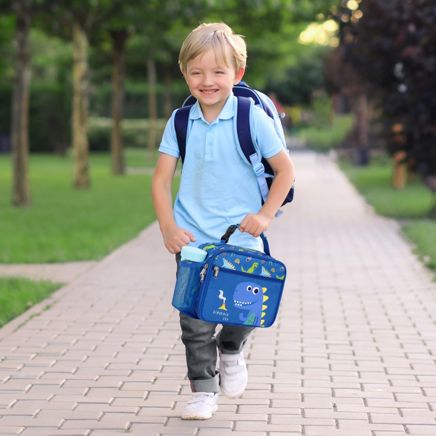 BrainyBees Insulated Kids Lunch Bag - Reusable Boys Lunch Box with Water Bottle Holder Toddler Lunch Tote Bag for Daycare and School, Easy to Clean, Blue Cute Dinosaur
