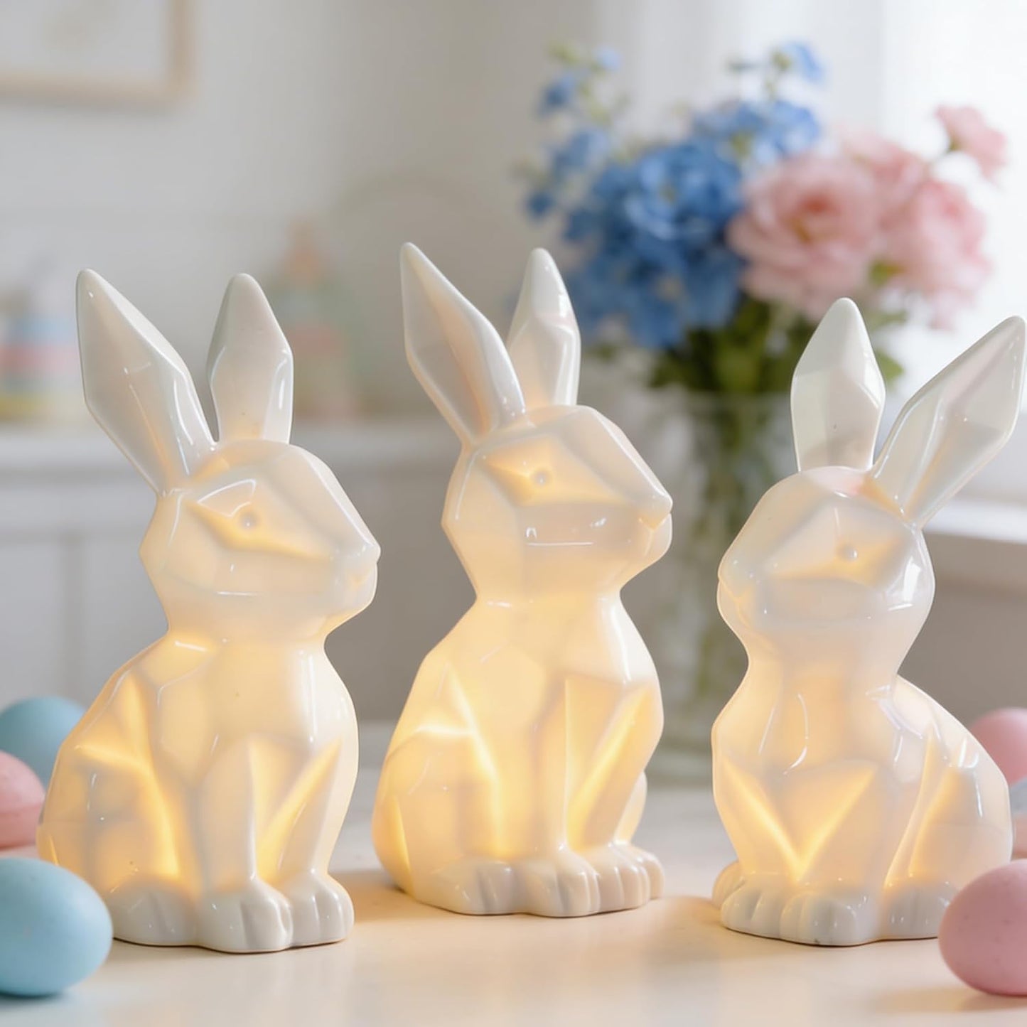 NEROSUN Easter Bunny Decorations - 3 Pack Ceramic White Rabbit Statues | Lighted Table Centerpiece for Spring Decor