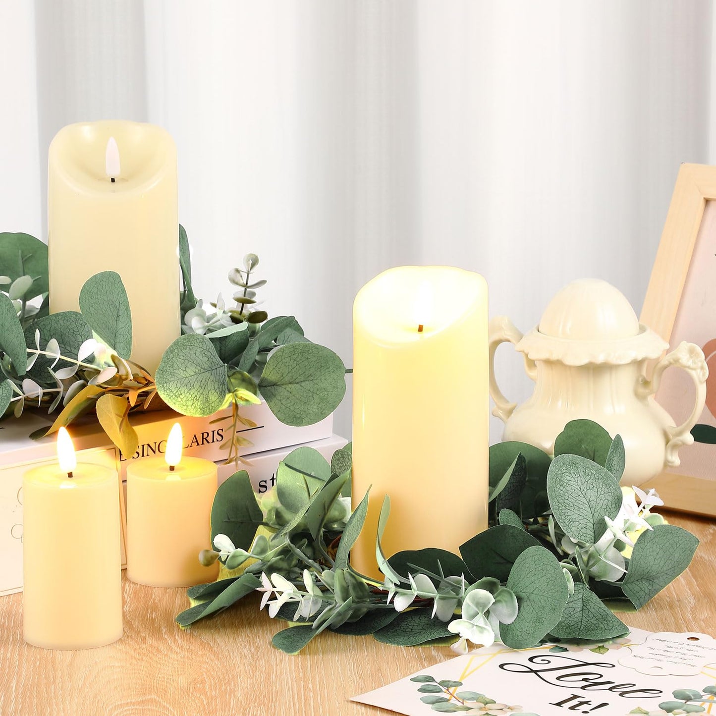 VIHOSE 10 Set Candle Rings Artificial Eucalyptus Leaves Wreaths with Flameless Candles Sets Boho Wreath Pillar Candleholders LED Pillar Battery Table Centerpieces for Wedding Home Party Decor