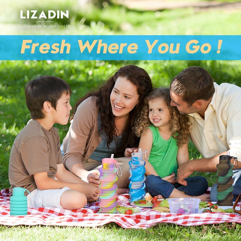 LIZADIN Collapsible water bottles 3 Pack with brush,BPA Free Travel Silicone Water Bottle with Carabiner,Reusable Foldable Portable Lightweight Sports bottles for Gym Camping Hiking (Black+Pink+Blue)