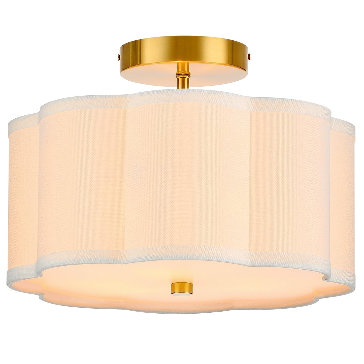 VONLUCE Semi Flush Mount Ceiling Light, 13'' Ceiling Light Fixture with Flower-Shaped Fabric Shade, 3-Light Modern Light Fixture for Bedroom Living Room Nursery Hallway, White Shade & Gold Finish