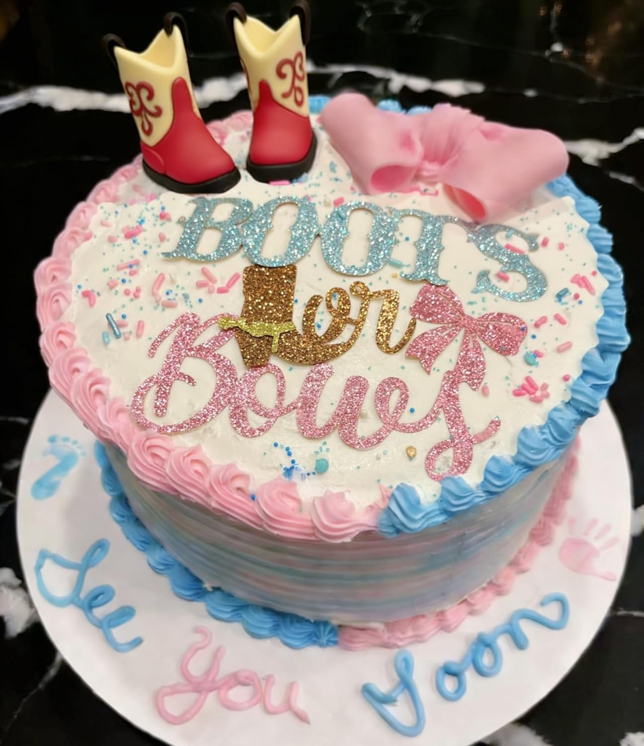Regine Switzerland Gender Reveal Cake Decorations - Acrylic Boots & Bows Toppers Set for Baby Shower