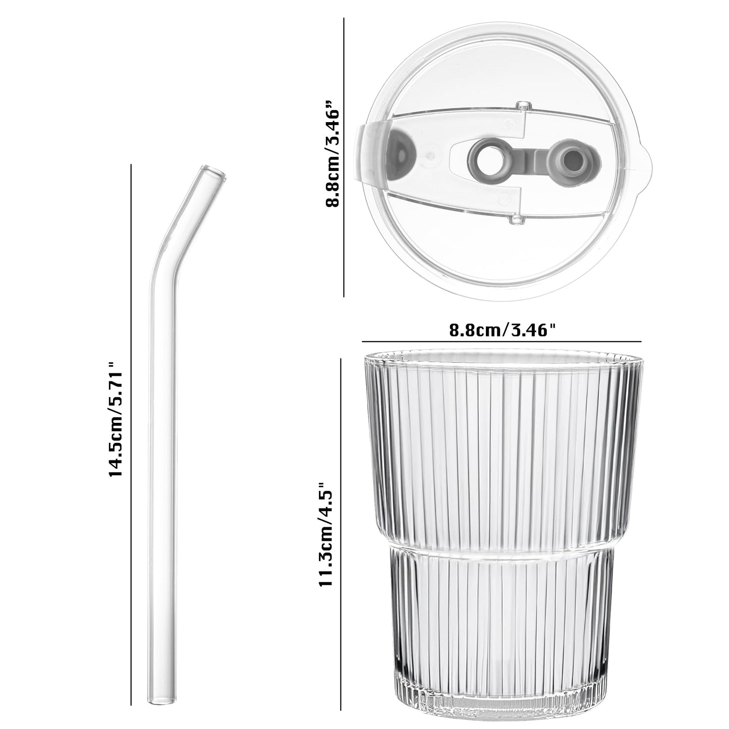 ALYBIT 13oz/400ML Glass Tumbler with Straw and Lid Ribbed Vertical Ice Coffee Cups Sealed Carry on for Coffee Iced Tea, Thick Wall Glassware Tumbler Water Glass (Clear 1pc)