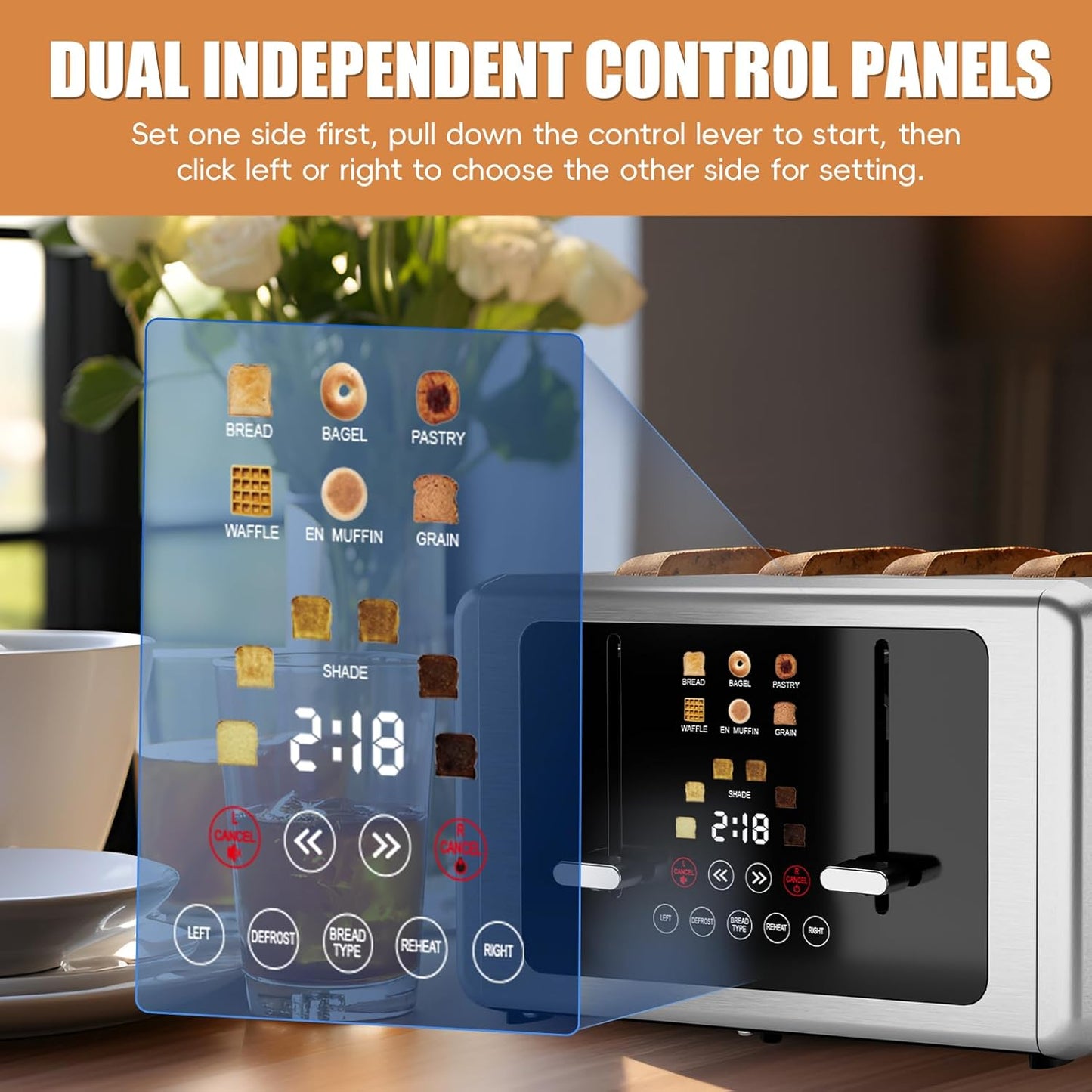 Skiennix 4-Slice Toaster - Touchscreen Control, 5 Functions & 6 Shade Settings | Stainless Steel Design