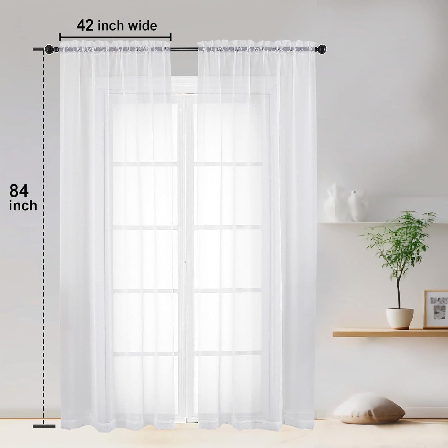 OWENIE Sheer Curtains - 84-Inch Long Voile Drapes for Living Room/Bedroom - White, 2 Panels (42" W Each)