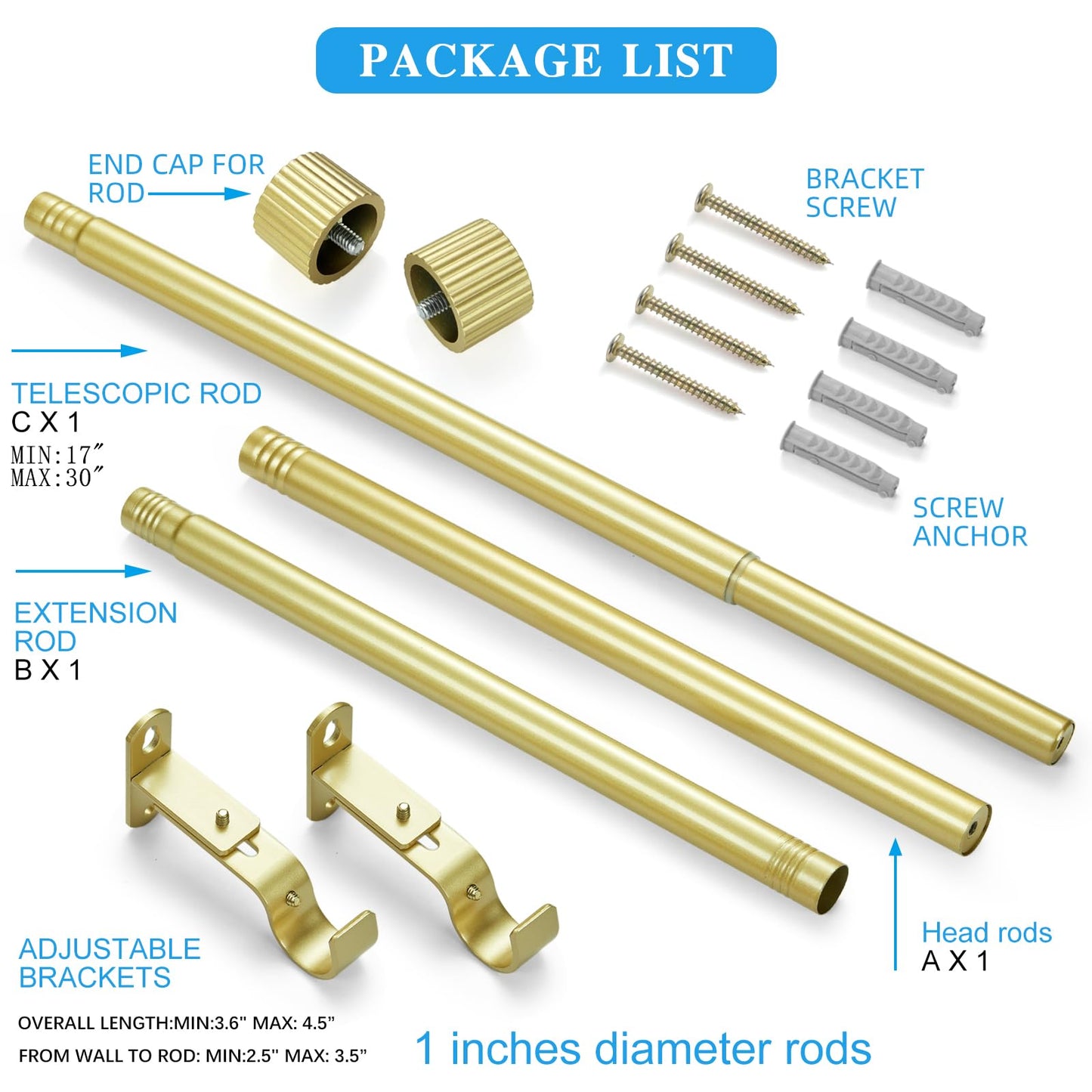 AMZSEVEN Curtain Rods for Windows, Drapery Rod 1 inch Diameter, Curtain Rod with Cylindrical Finials (Black, 16" to 48" - 1'' rod)