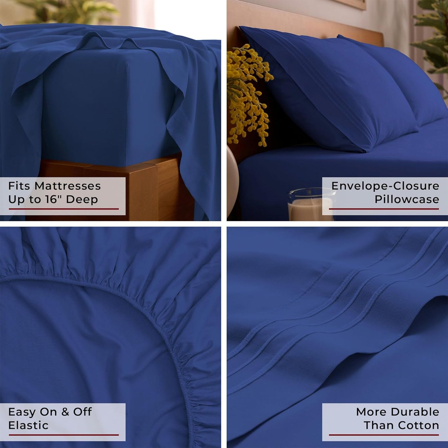 Mellanni Queen Sheets Set - 4 PC Luxury Cooling Bedding - Extra Soft, Wrinkle & Stain Resistant (Royal Blue)