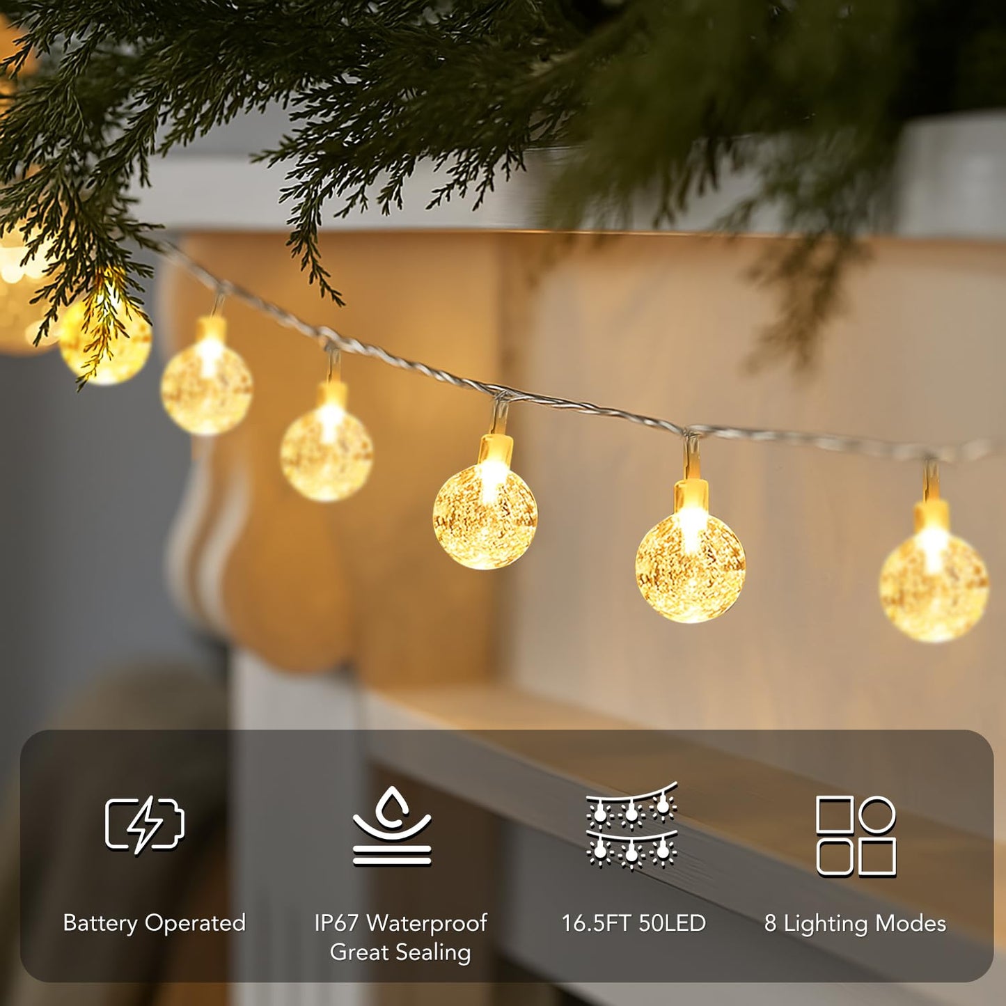 Metaku Globe String Lights Fairy Lights Battery Operated 16.4ft 50LED String Lights with Remote Waterproof Indoor Outdoor Hanging Lights Decorative Christmas Lights for Home Party Patio Garden Wedding