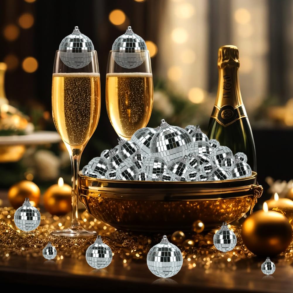 54Pack Disco Ball, Hanging Mirror Disco Ball Ornaments 70s Disco Party Decorations Mini Silver Reflective Christmas Balls for Holiday Wedding Xmas Tree Home Decor