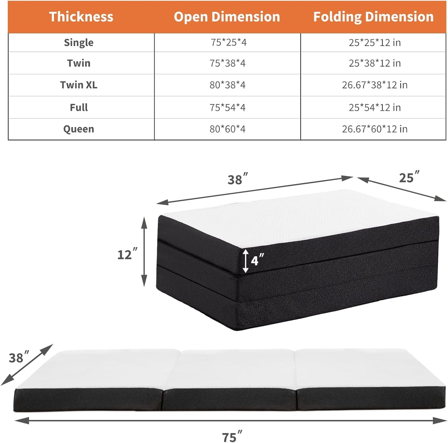 Sweetcrispy Tri-Fold Memory Foam Mattress - 4-Inch Full Size Portable Bed Pad | Washable Cover for Travel & Yoga