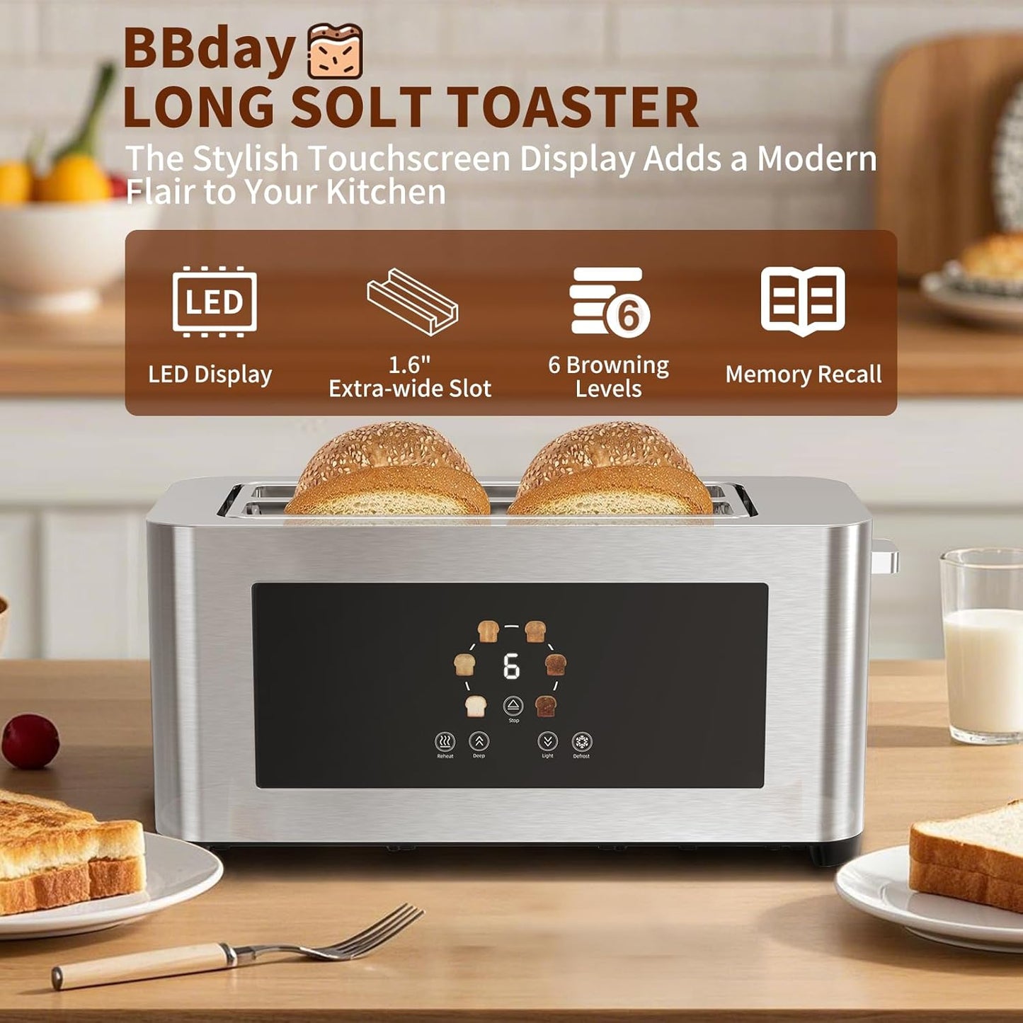 Smart Toaster by Touch Screen - 4 Slice LCD Display, 1.6" Long Slot, 6 Shade Settings, Defrost & Reheat