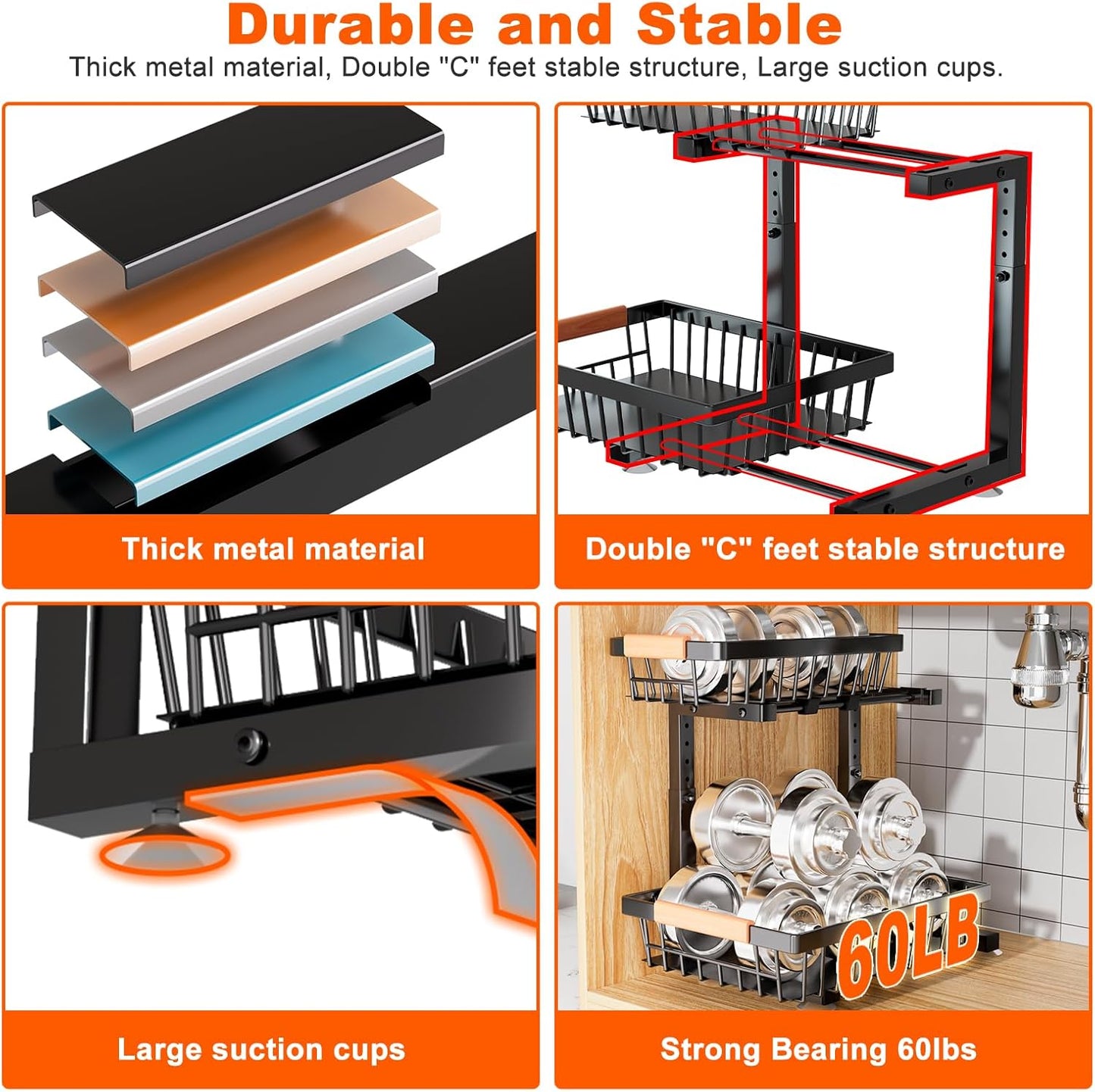 Under Sink Organizer | 2-Pack Adjustable Metal Shelves for Kitchen & Bathroom Storage - Black
