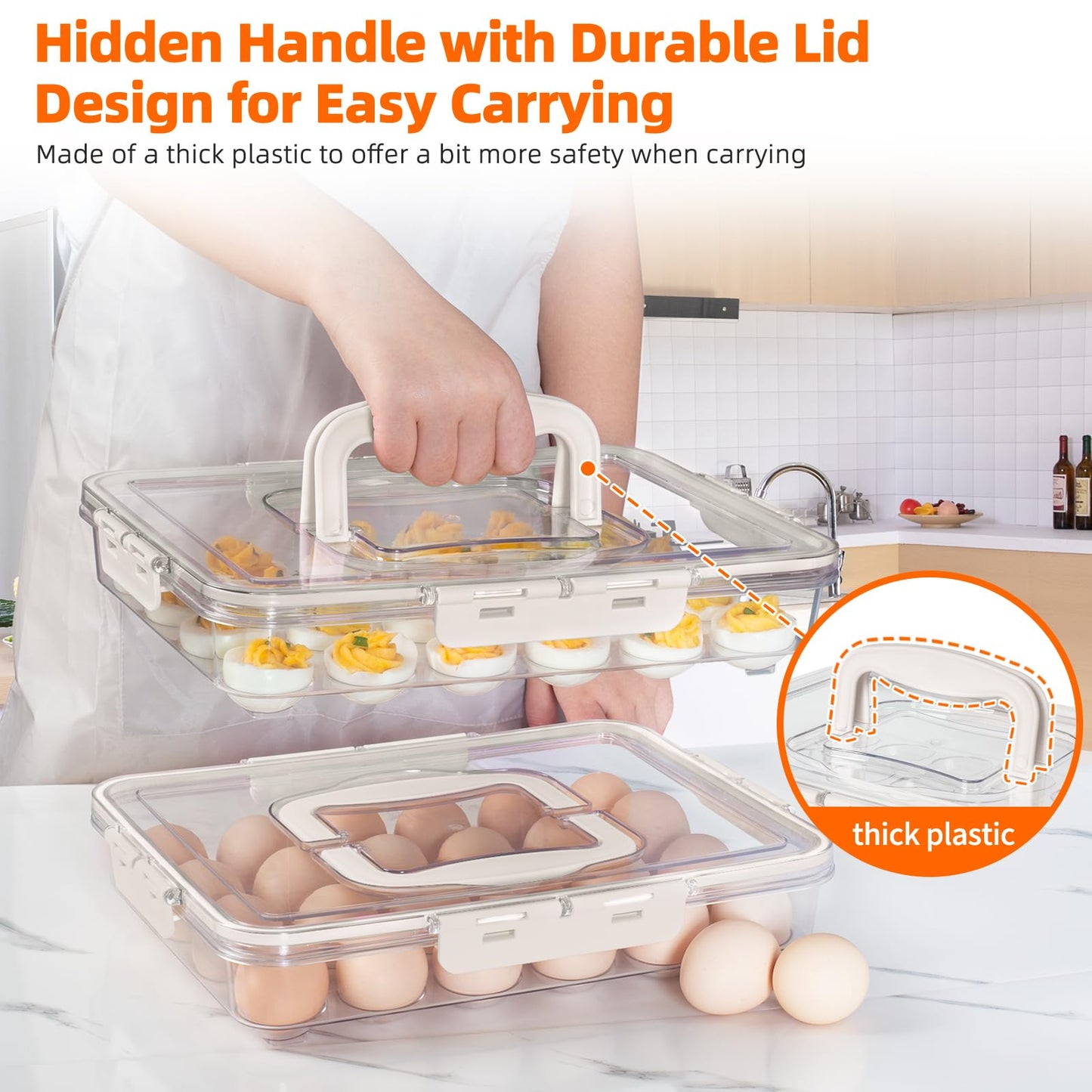 MesRosa Deviled Egg Containers with Lid and Handle, Durable Clear Plastic Deviled Egg Carrier Storage 24 Eggs, Stackable Egg Holder for Fridge, Portable Tray Platter for Party & Picnics-1 Pack White