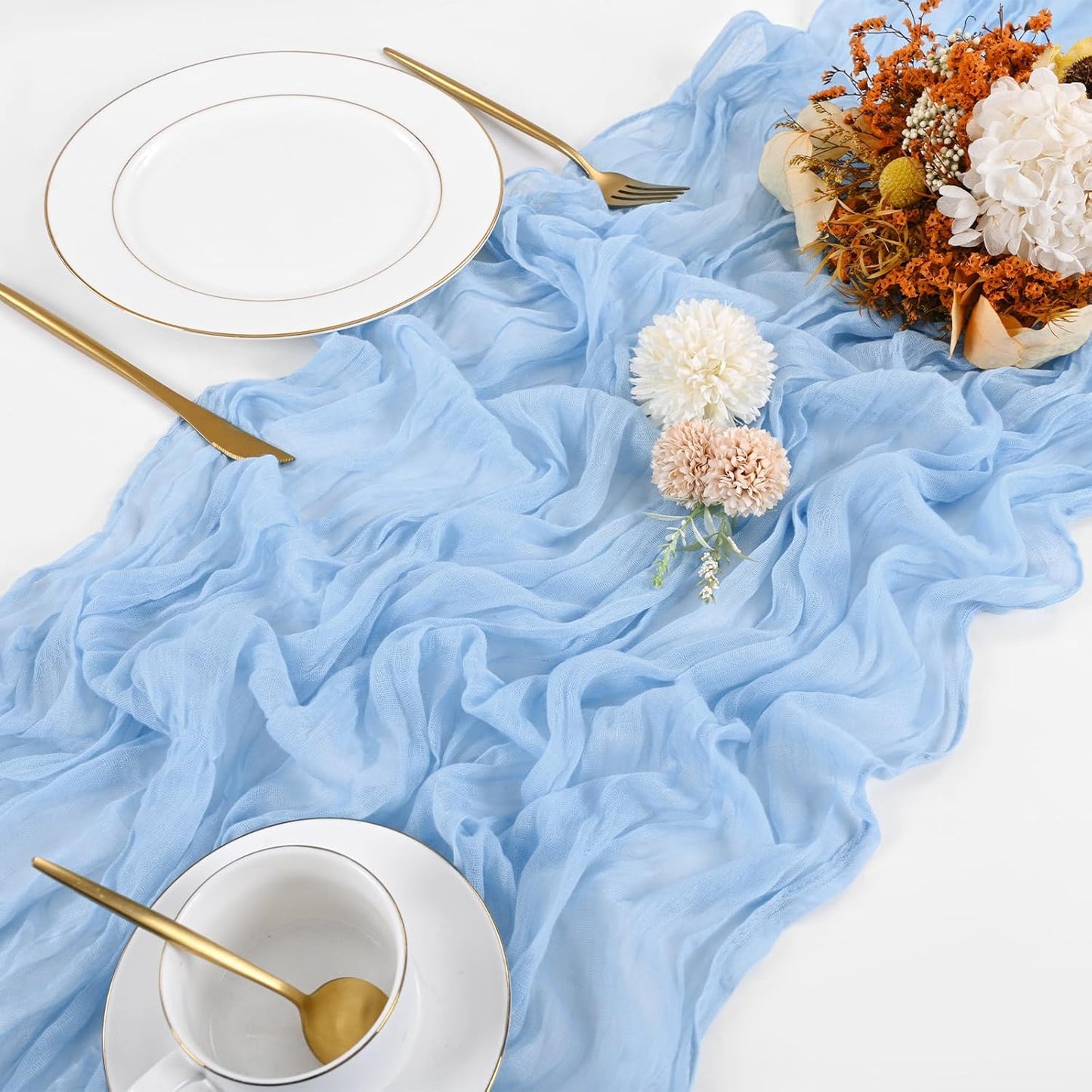Skiennix Light Blue Cheesecloth Table Runner - 17x108 Inch Boho Style for Weddings & Events