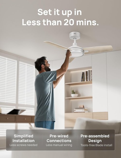 DREO Smart Ceiling Fan - 42 Inch White Fan with Dimmable LED Light & 12 Speeds | Quiet DC Motor, Remote Control