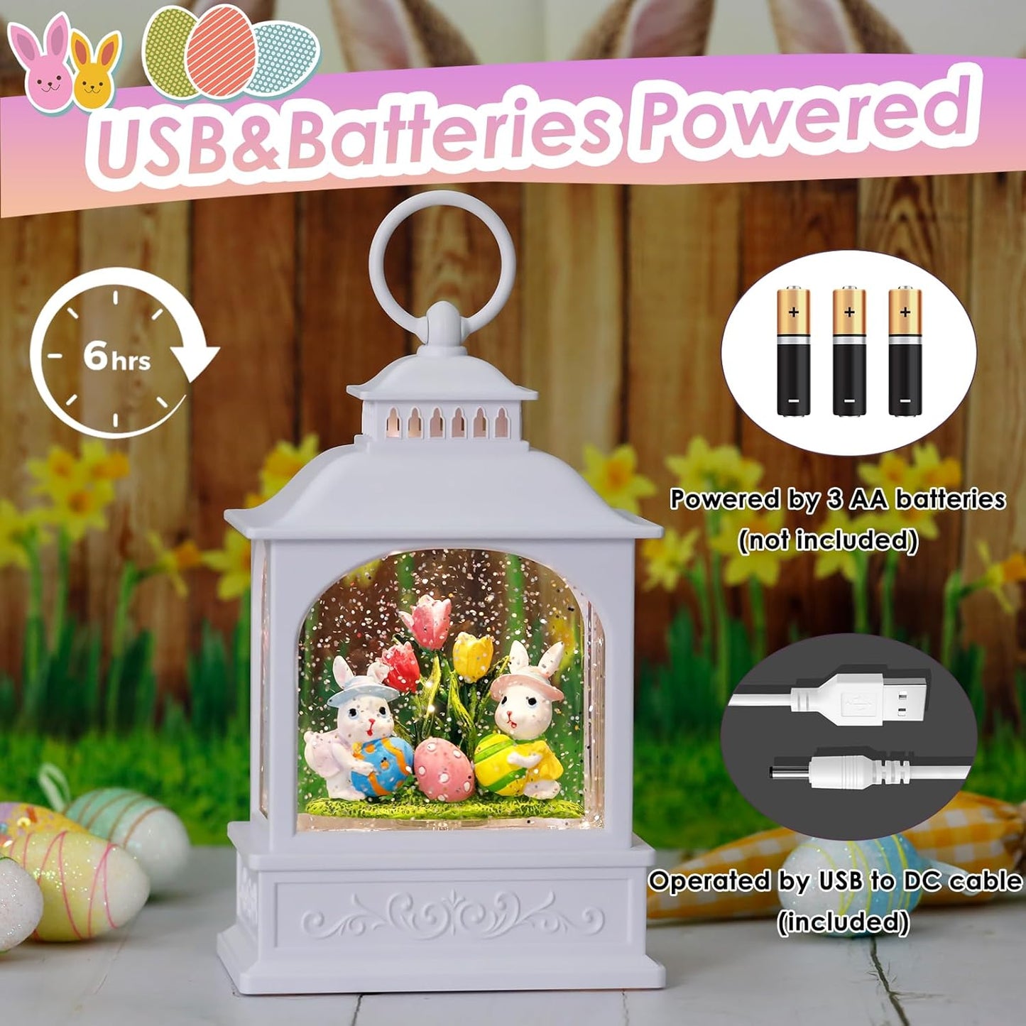 Skiennix Easter Bunny Snow Globe - Glitter Lantern with 6-Hour Timer & Colorful Eggs Decor