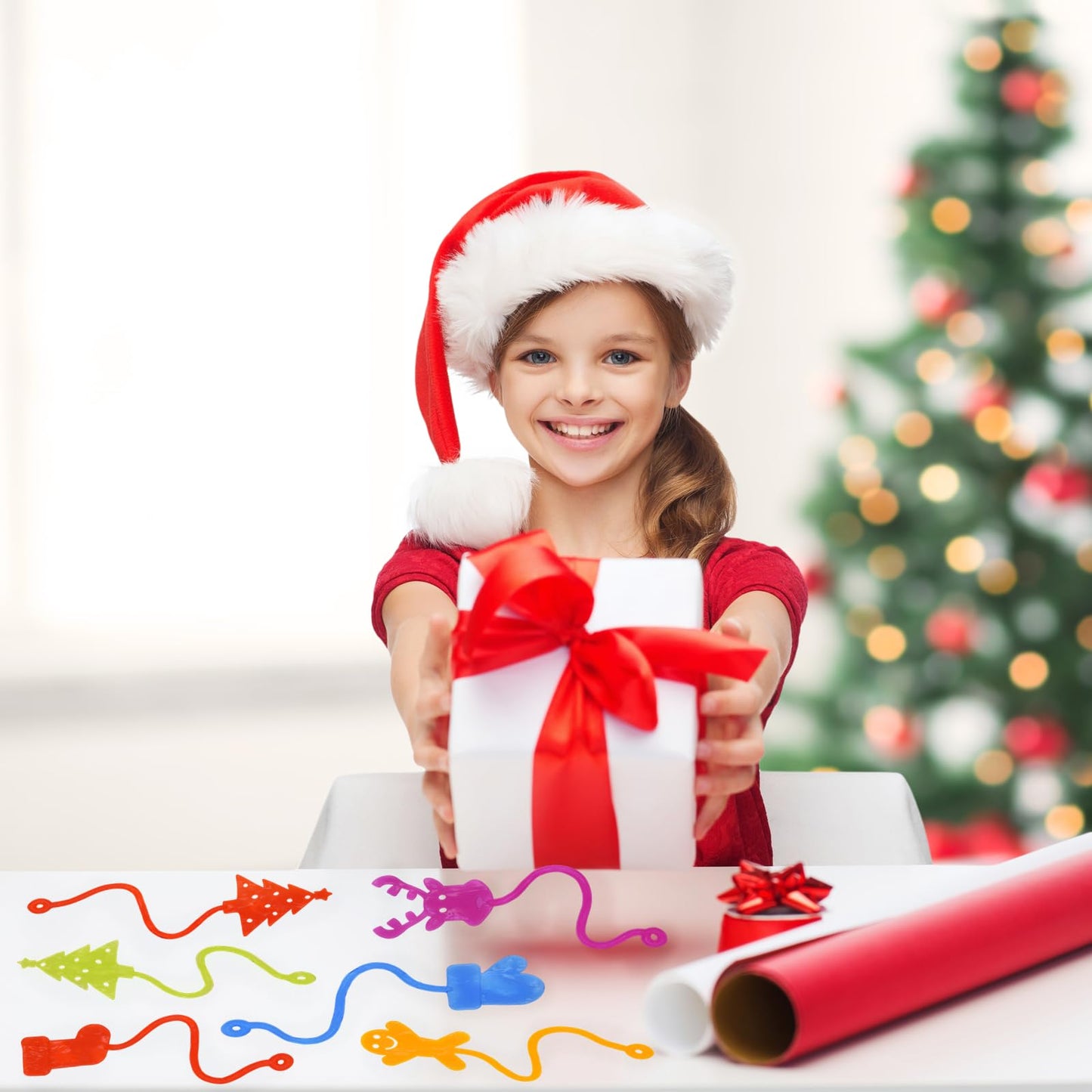Menzcci 24 Pack Christmas Sticky Hand Toys, 8 Styles Christmas Stocking Tree Hat Glove Deer Snowman Sticky Stretchy Toys for Kids Boys Girls Christmas Stocking Stuffers Party Favors Gifts