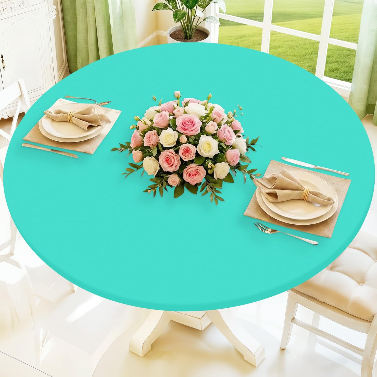 Moosfor Round Spandex Christmas Tablecloth, Elastic Fitted Waterproof Tablecloths for 45"-56" Tables, Stretch Washable Picnic Table Cover for Christmas Dinner, Dot Snowflake
