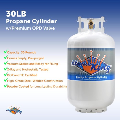 Flame King 30 lb Steel Propane Tank Cylinder - Type 1 Overflow Protection Valve | DOT & TC Compliant