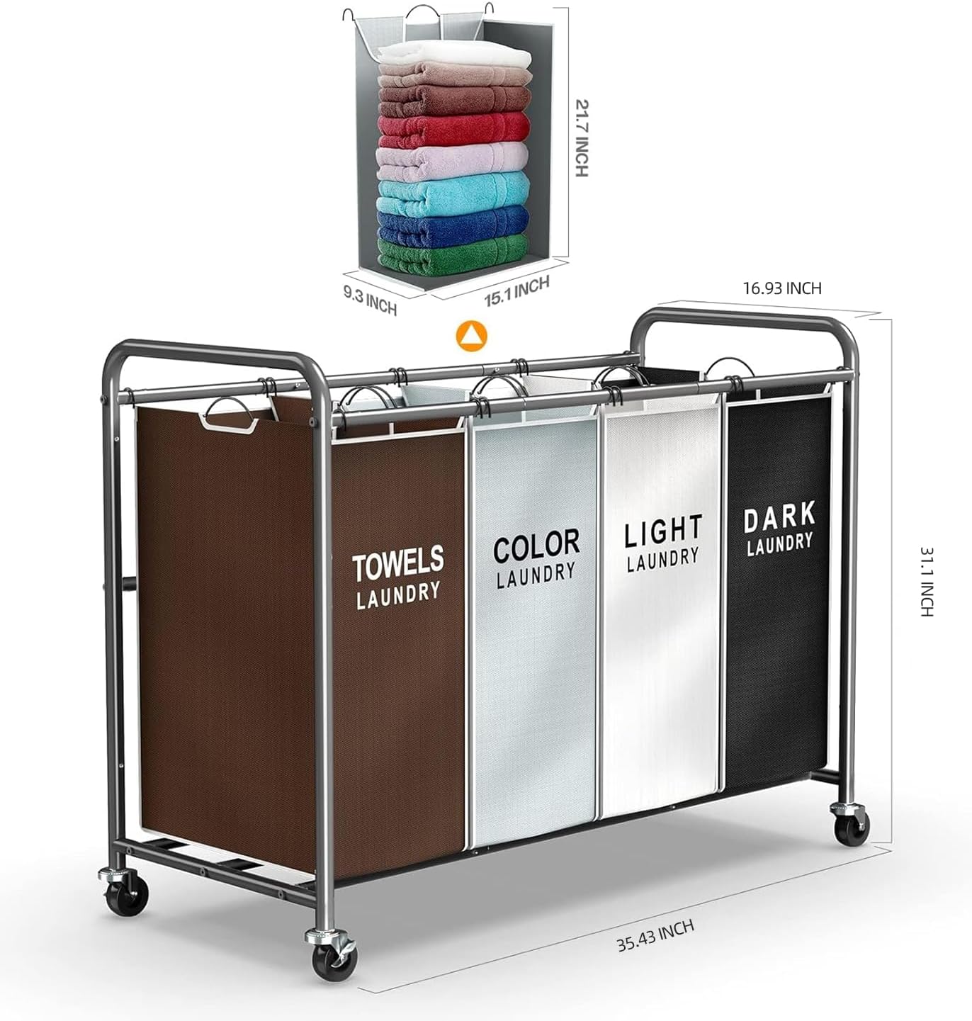 ROMOON Laundry Hamper Sorter Cart - 4-Section Organizer with Lockable Wheels | 180L Rolling Basket for Small Spaces