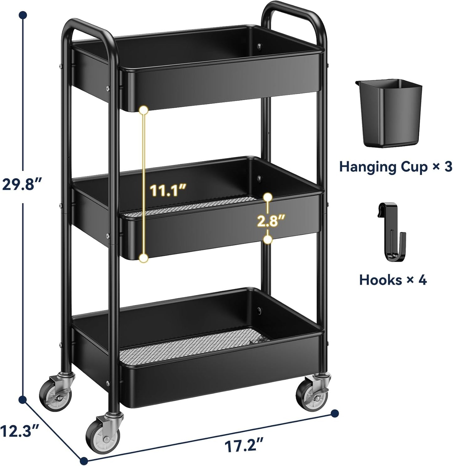 YASONIC 3-Tier Rolling Utility Cart - Heavy-Duty Metal Storage Organizer with Wheels & Hooks | Perfect for Kitchen & Office