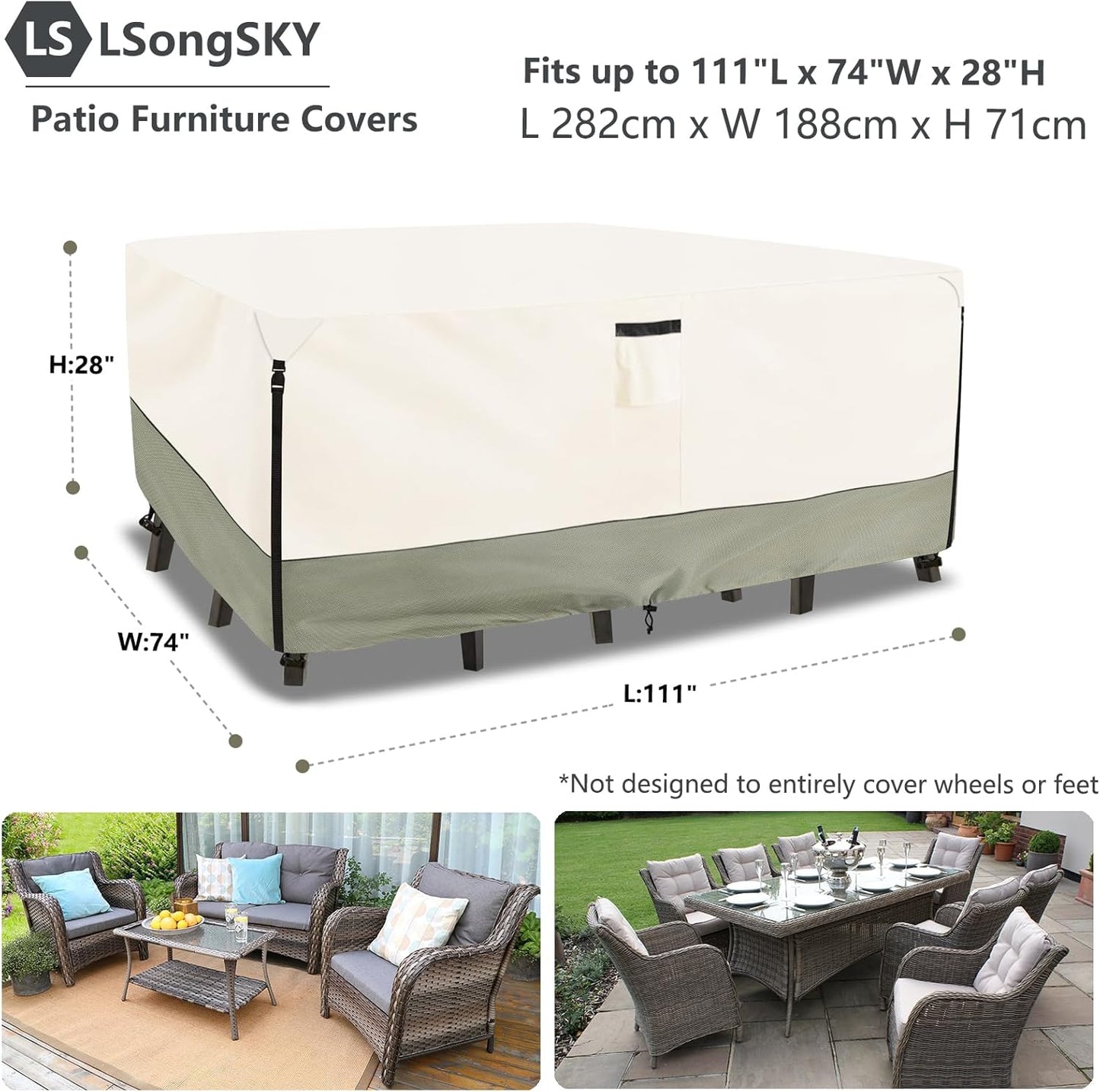 Skiennix Waterproof Outdoor Furniture Covers - Heavy Duty 600D Protection for Dining Table & Chairs | Beige 111L x 74W x 28H Inch