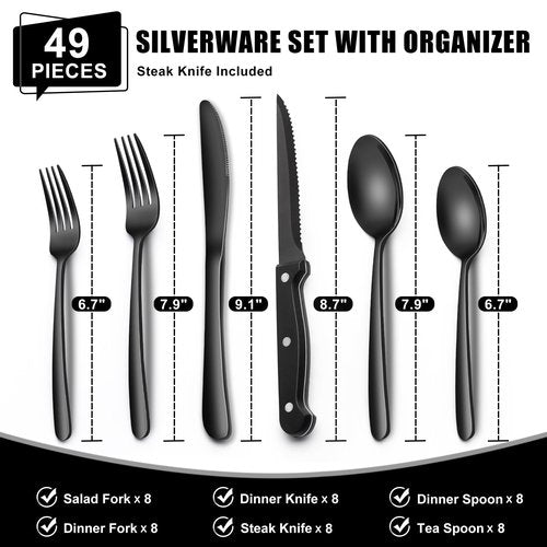 49-Piece Black Silverware Set with Organizer, Heavy Duty Stainless Steel Flatware for 8, Cutlery Utensil Sets with Steak Knives, Rust-proof, Mirror Polished, Dishwasher Safe, Black Heavy Duty