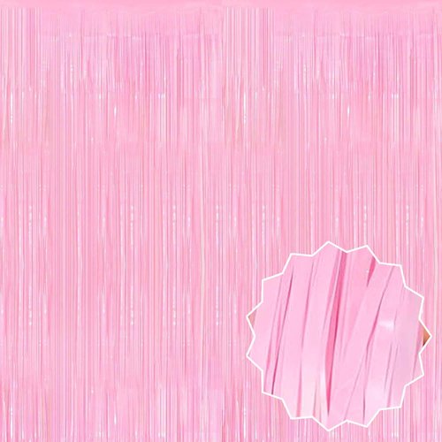 3 Pack Macaron Pink Foil Fringe Curtains Backdrop, 3.28 x 8.2 Ft Metallic Streamers Tinsel Curtains Background for Photo Booth, Birthday, Christmas, Halloween, New Year Party Decorations