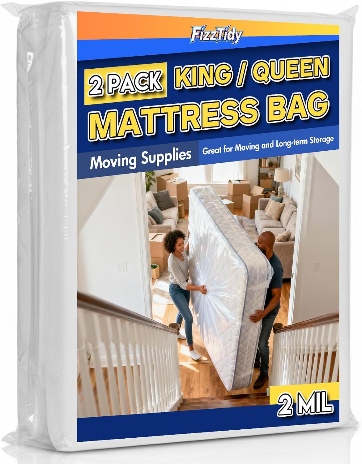 Mattress Bags - 2 Pack Heavy Duty Waterproof & Tear-Resistant Covers for King/Queen Size - 107” x 78” x 14”