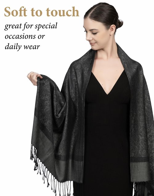 Achillea Women's Two Tone Vintage Jacquard Paisley Pashmina Shawl Wrap Scarf (Charcoal Gray)