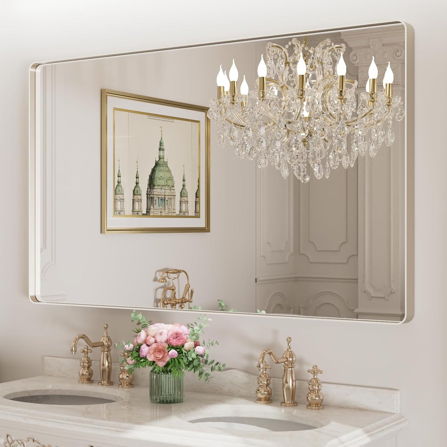 LOAAO Brushed Nickel Bathroom Mirror - 60X36 Inch Rounded Rectangle Design | Anti-Rust, Shatter-Proof, Versatile Hanging Options