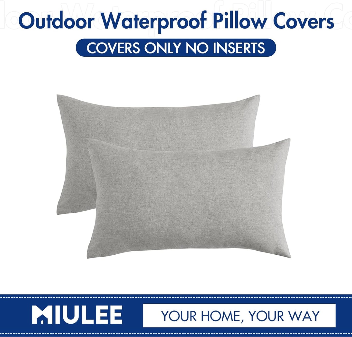 MIULEE Decorative Outdoor Throw Pillow Covers - Waterproof Faux Linen Cushion Cases | 20x12 Inch Light Grey (Pack of 2)
