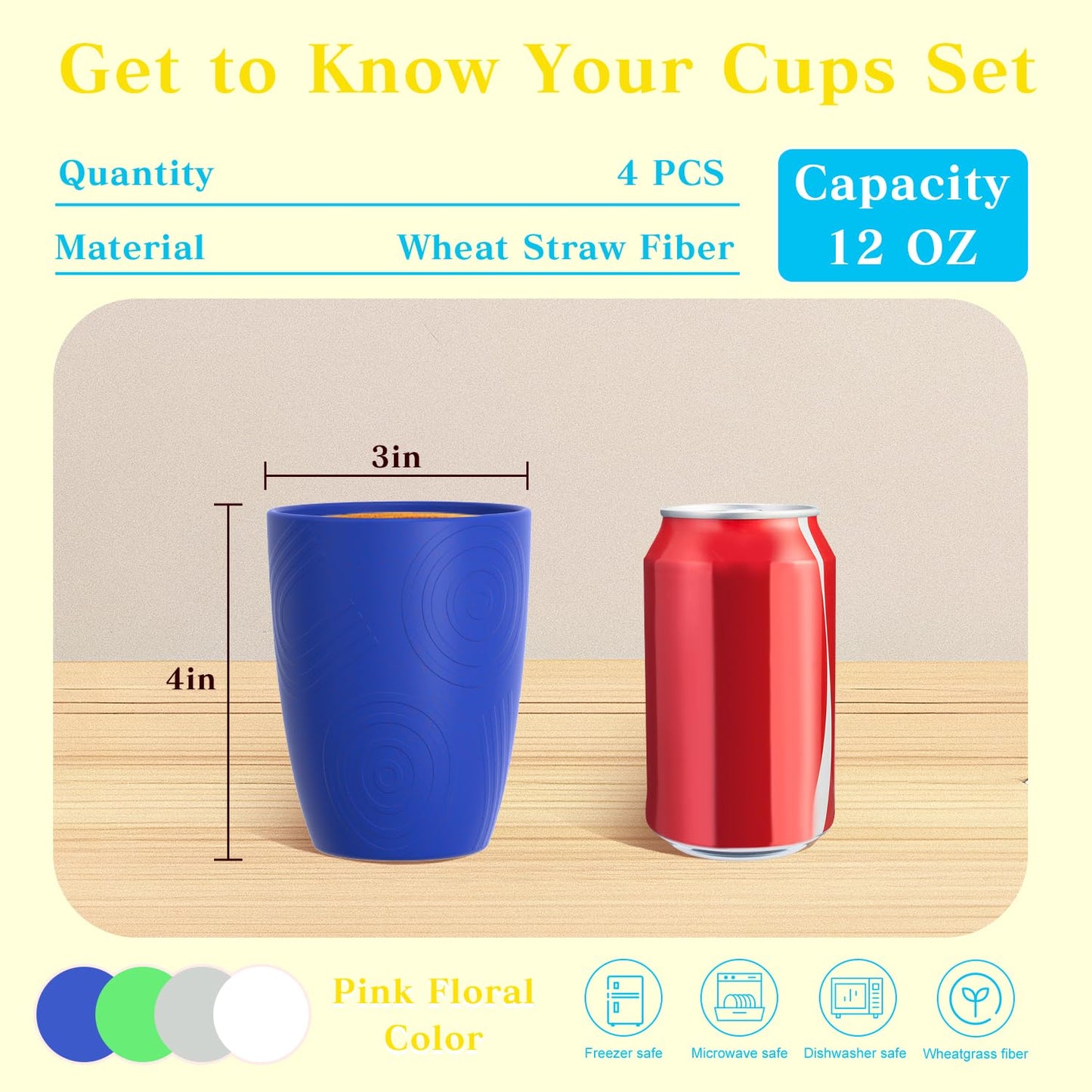 Homienly Drinking Glasses & Everyday Kids Tumblers Wheat Straw Cups 4-Pack Set | Textured Reusable Plastic Cups Essential Kitchen Cups | Dishwasher Safe for Party, Home, Camping (12 oz, Island Color)