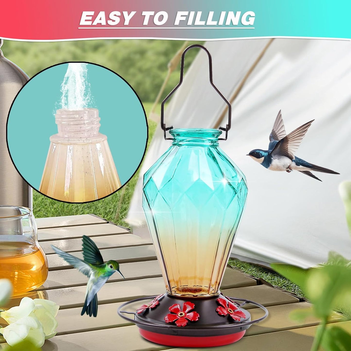 Skiennix Glass Hummingbird Feeder - 25 Oz Leak-Proof Outdoor Nectar Feeder with 5 Flower Ports | Diamond Green