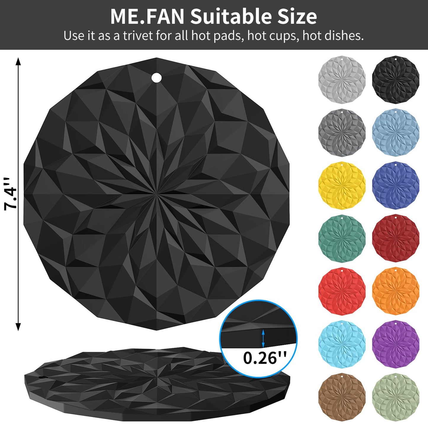 ME.FAN Silicone Trivet Mats - 4 Pack Pot Holders - 7.4'' Thickened Hot Pads for Hot pots, Pans and Dishes, Heat Resistant Silicone Trivet for Table and Counter Top Black