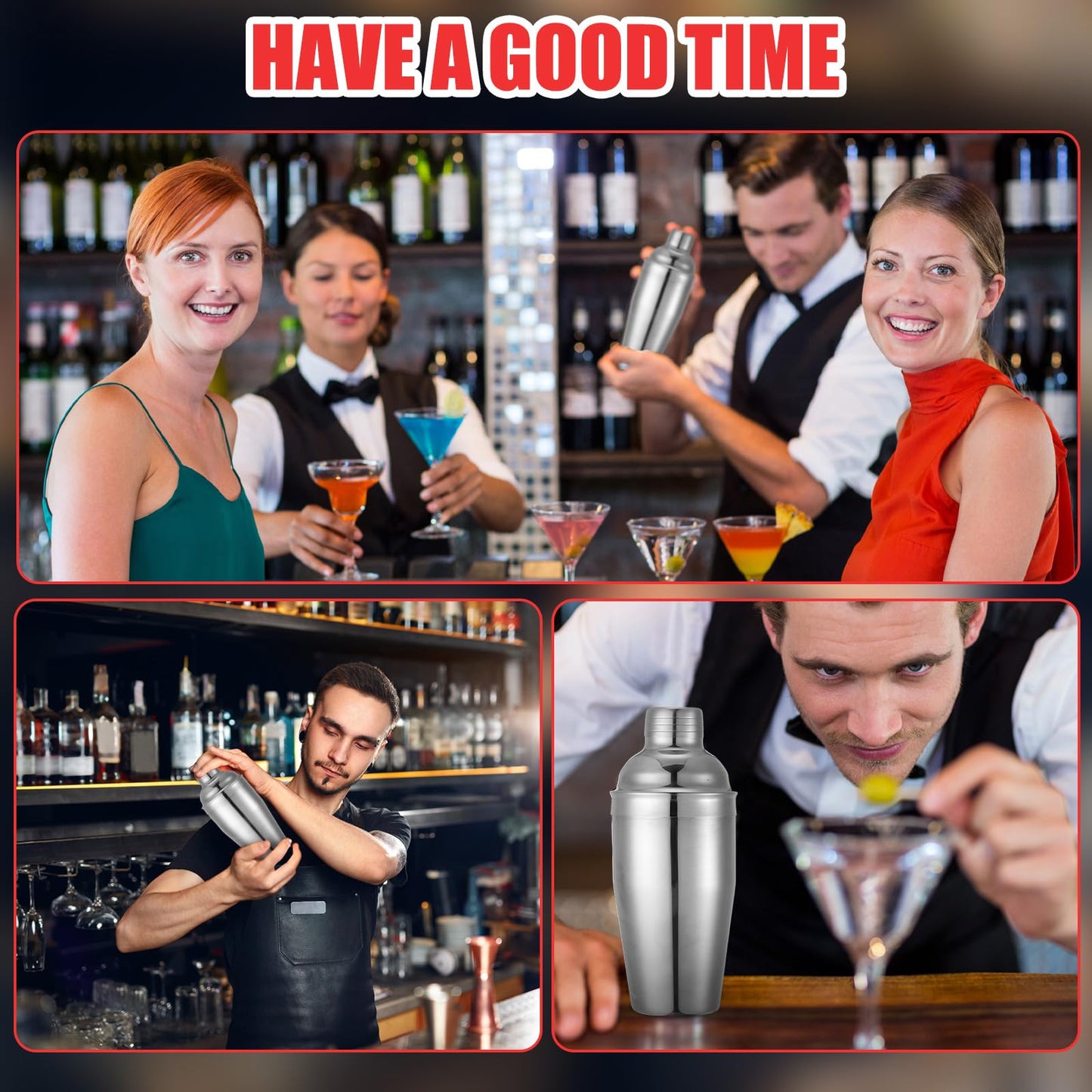 Nitial 6 Pcs Bar Cocktail Shaker Professional Stainless Steel Martini Drink Mixer with Built-in Strainer for Bartending No Leaks Boston Shaker for Bar Party Drink Mixing Tool(18.6 oz,Silver)