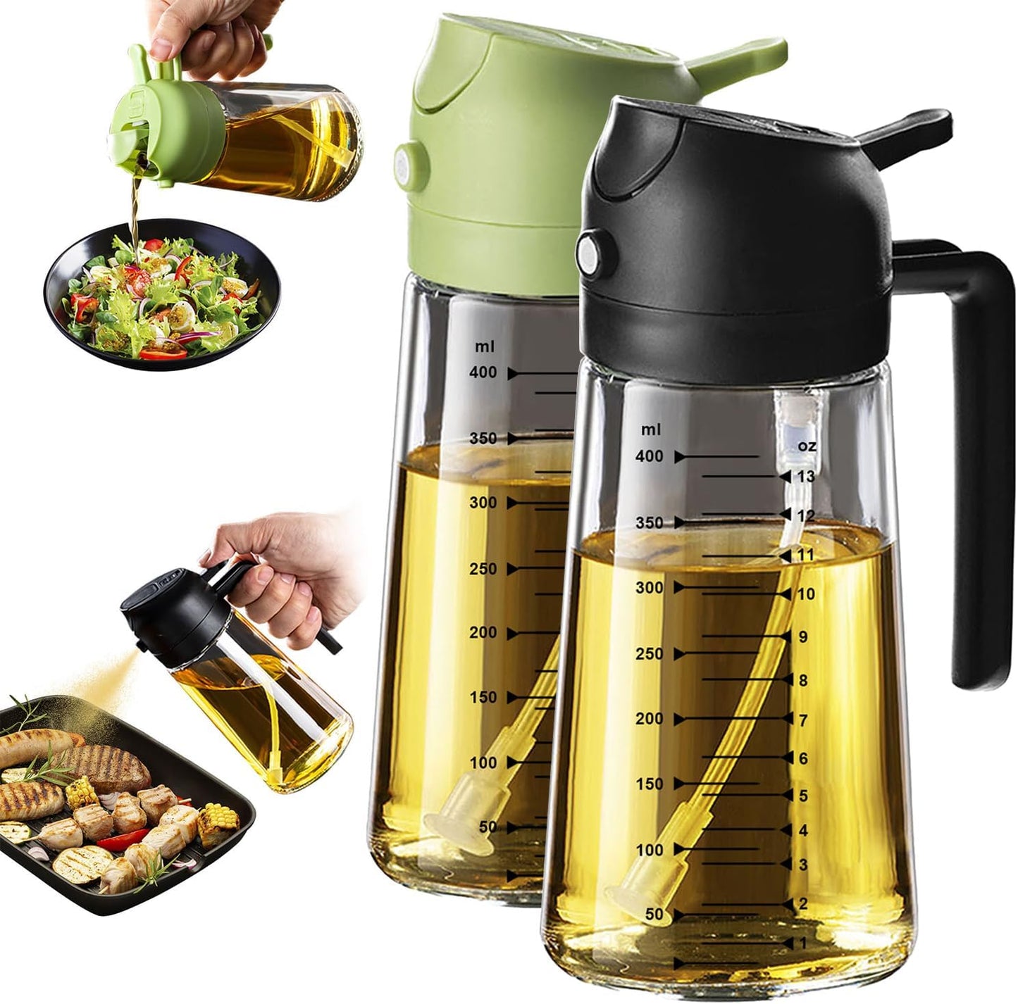 TrendPlain 16oz Glass Olive Oil Sprayer - 2-in-1 Dispenser for Cooking & BBQ - Black & Green