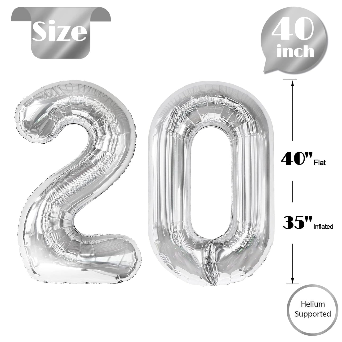 Silver Number 20 Balloon 40 inch, 20 Number Balloons, 20th Silver Birthday Decorations for Girls Boys Kids, 20 Year Old Silver Party Supplies