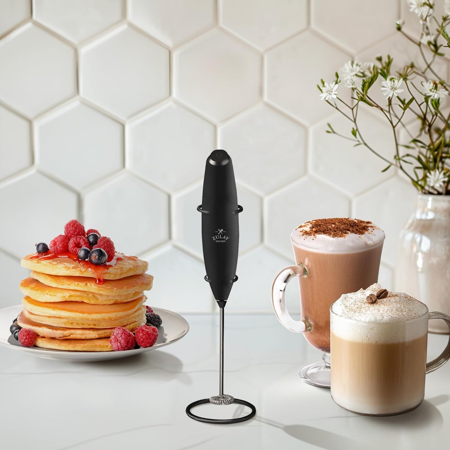 Zulay Kitchen Milk Frother Wand - Ultra-Fast Handheld Electric Whisk for Coffee, Lattes & More - Executive Black with 4 AA Duracell Batteries