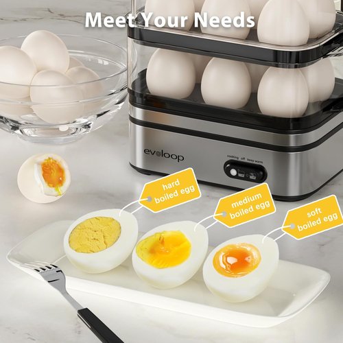 Evoloop Rapid Egg Cooker - Electric 12-Egg Capacity, Soft/Medium/Hard Boiled & Poached, BPA-Free Tray