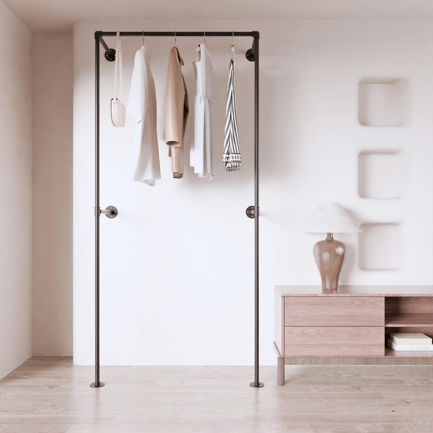 Anynice Black Industrial Pipe Clothing Rack 37.4" W Wall Mounted, Heavy Duty Iron Garment Rack 150 lbs per Rod, Open Closet Organizer for Bedroom Laundry Room Retail Display