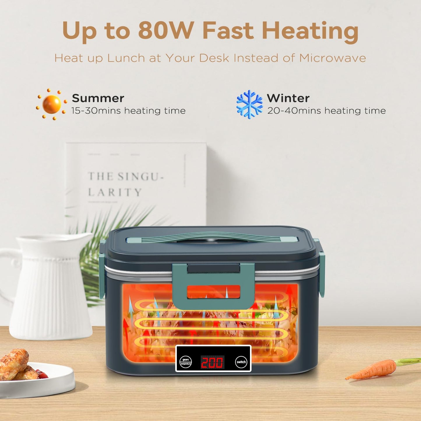 Electric Lunch Box Food Heater for Adults, 80W Heated Lunch Box with Digital Temperature Display,12V/24V/110V 1.8L Stainless Steel & 1L PP Fruit Container Portable Food Warmer LunchBox for Car/Work