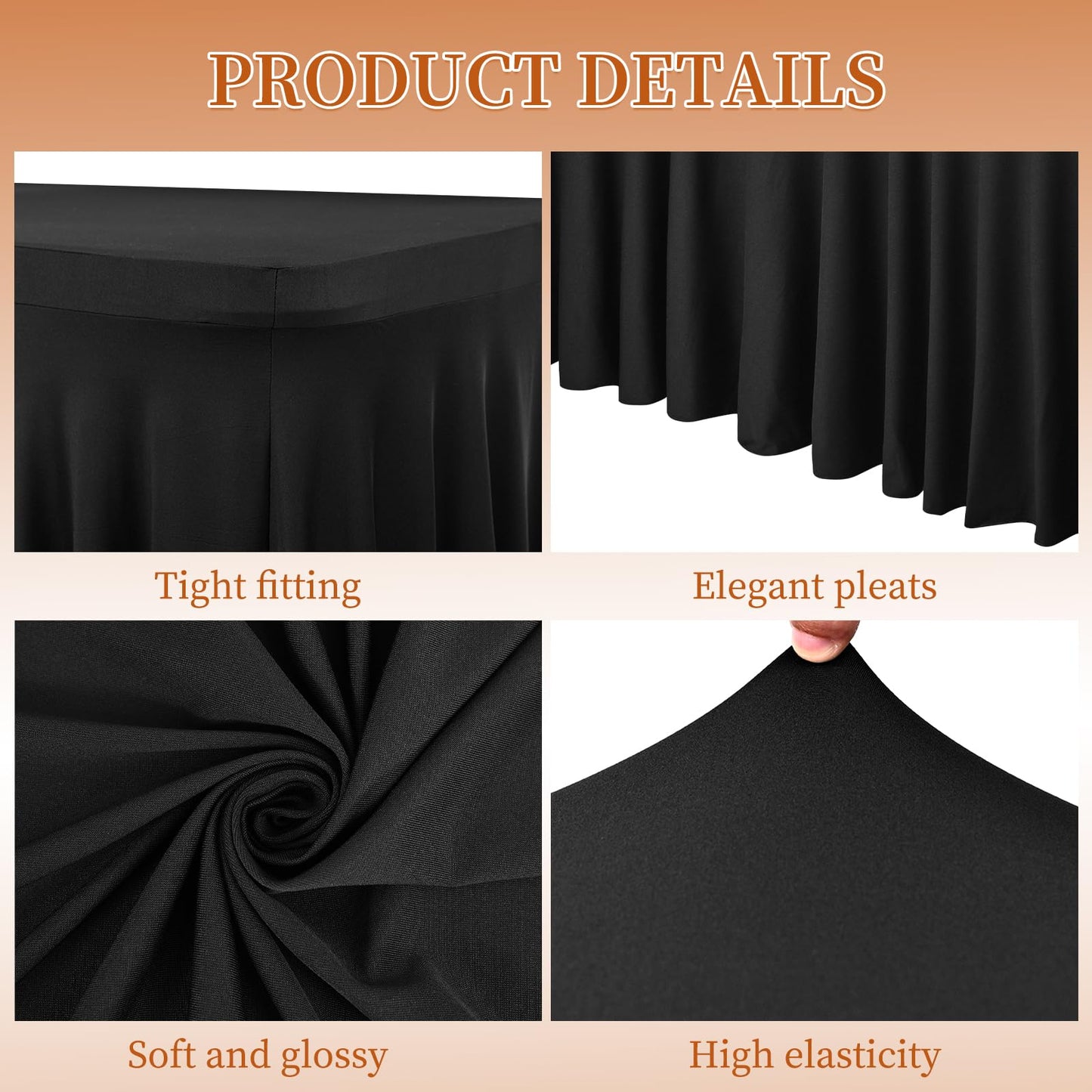 Pesonlook 6 Pack Spandex Table Skirt for 8 Ft Rectangle Tables, Black Fitted Stretch Tablecloth 30 x 96 Inch, Wrinkle Resistant Ruffle Design for Wedding Banquets, Birthday Party, Parties