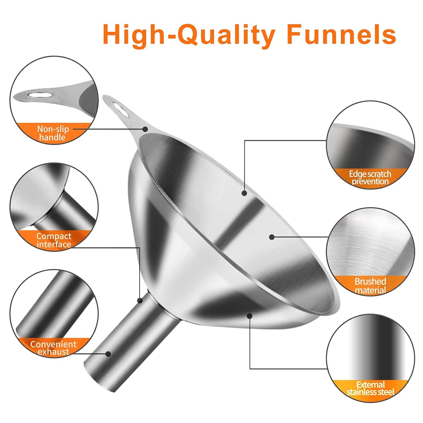 VOPTON Stainless Steel Mini Funnel Set - 6 Pcs for Kitchen Use | Food-Grade Metal & 2 Cleaning Brushes