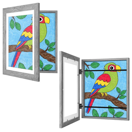 2Pack Kids Artwork Frame Gray Woodgrain, 10x12.5 Child Art Frame Without Mat Changeable Front Opening, 8.5x11 Frame With Mat, Children Storage Frame Holds Crafts, Drawing, Art Project, Schoolwork