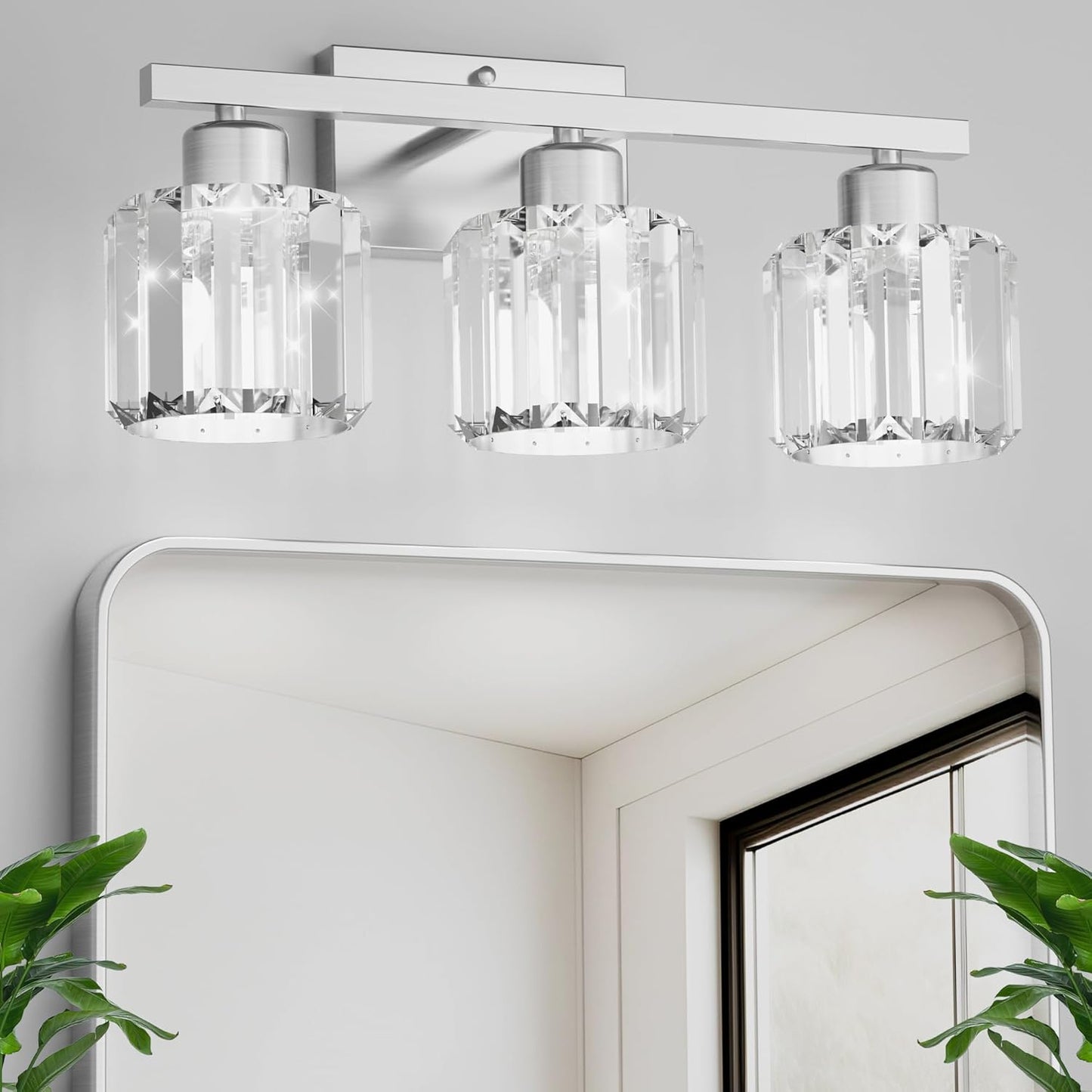 comzler 3-Light Bathroom Light Fixtures Over Mirror, Brushed Nickel Crystal Wall Sconce with E26 Base for Mirror Kitchen Living Room Bathroom, Round Crystal Shades (Bulbs Excluded)