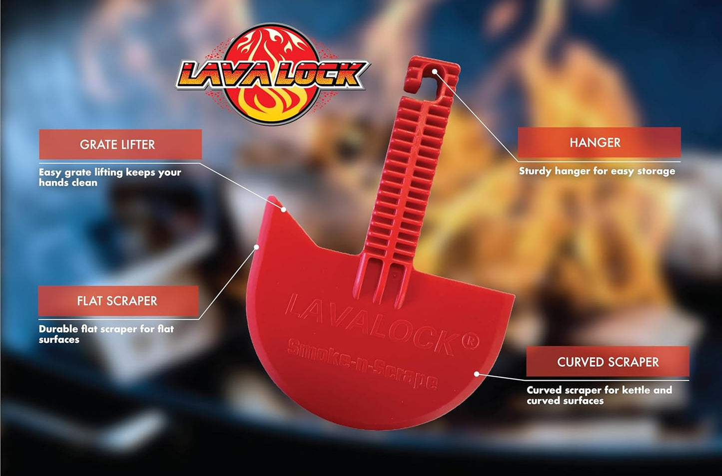 LavaLock Grill Scraper - Effective Residue Remover Tool for Weber Kettle & Smokey Mountain | Red Smoke-n-Scrape