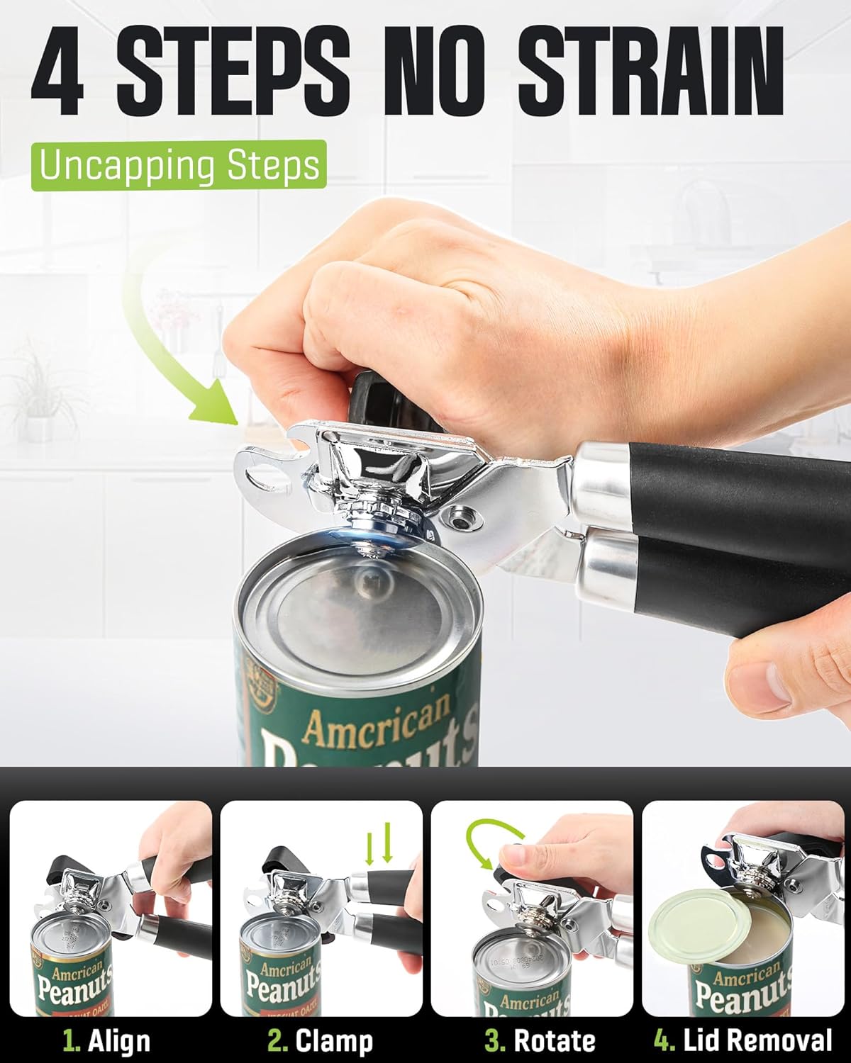 Multifunctional Can Opener - Heavy Duty Manual Tool with Smooth Cutting Edge | Ideal for Seniors & Camping - Black