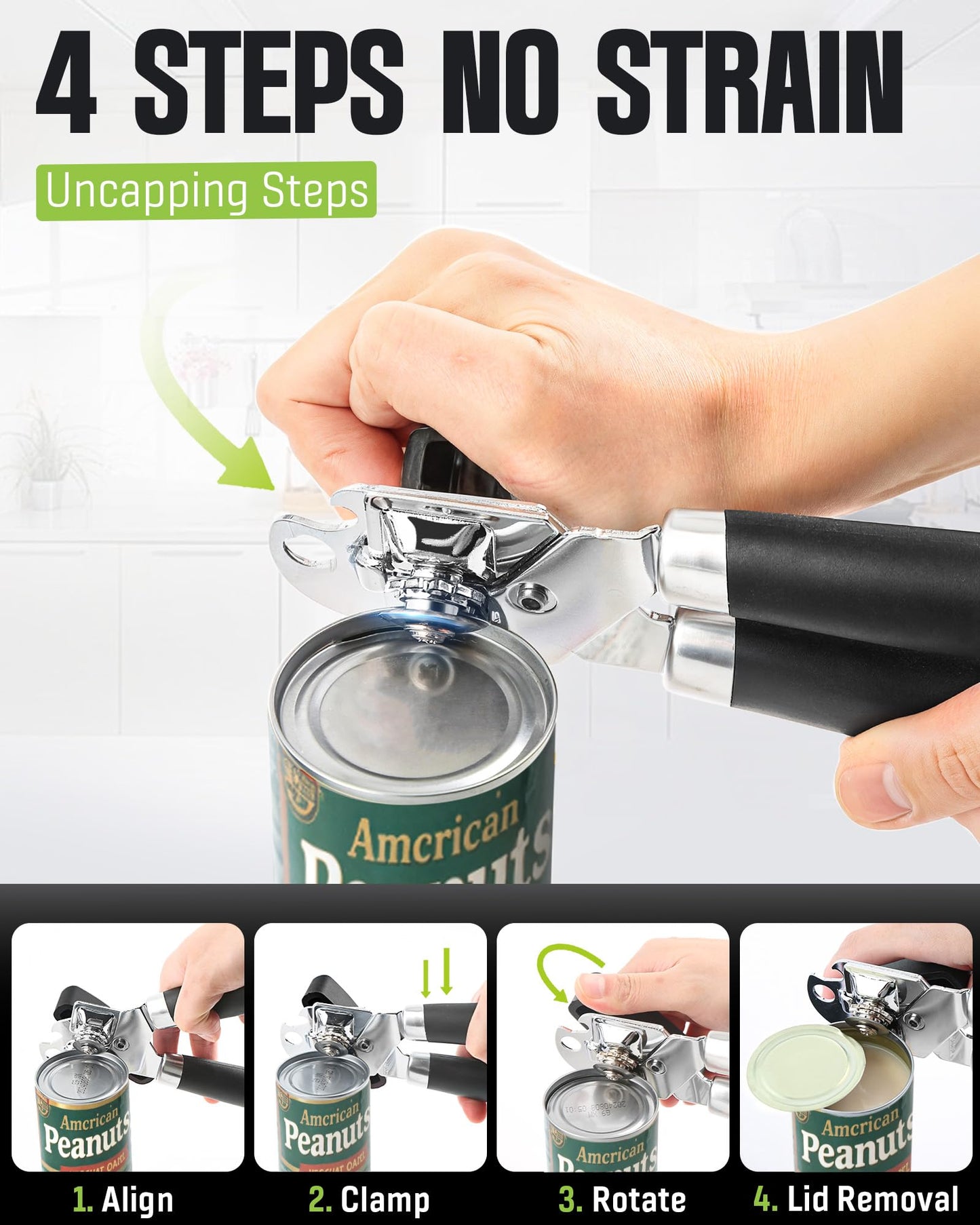 Multifunctional Can Opener Manual, Durable Heavy Duty Handheld Strong Can Opener with Smooth Cutting Edge, Friendly Kitchen Essentials Tool for Seniors, Camping and Bottle Opening-Black