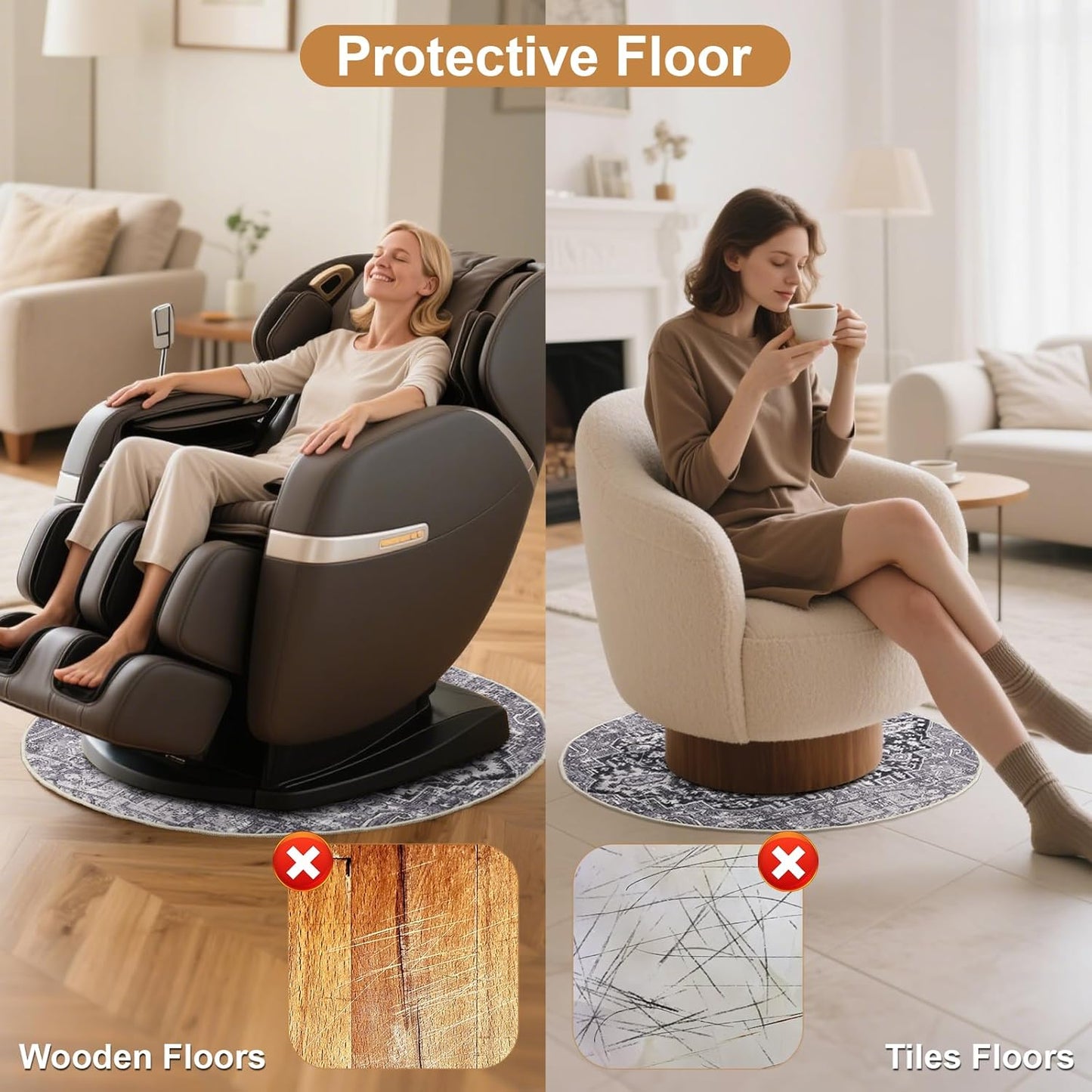 Skiennix Recliner Chair Mat - Non-Skid Round Furniture Pad for Hardwood Floors | 31.5-Inch Diameter